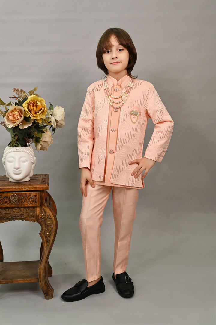 Boys Silk Sequined Embroidered Wavy Motifs Sherwani Set - Peach  | SHOBITAM
