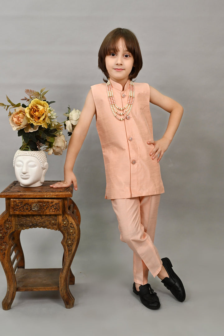 Boys Silk Sequined Embroidered Wavy Motifs Sherwani Set - Peach  | SHOBITAM