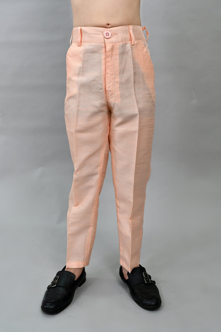 Boys Silk Sequined Embroidered Wavy Motifs Sherwani Set - Peach  | SHOBITAM