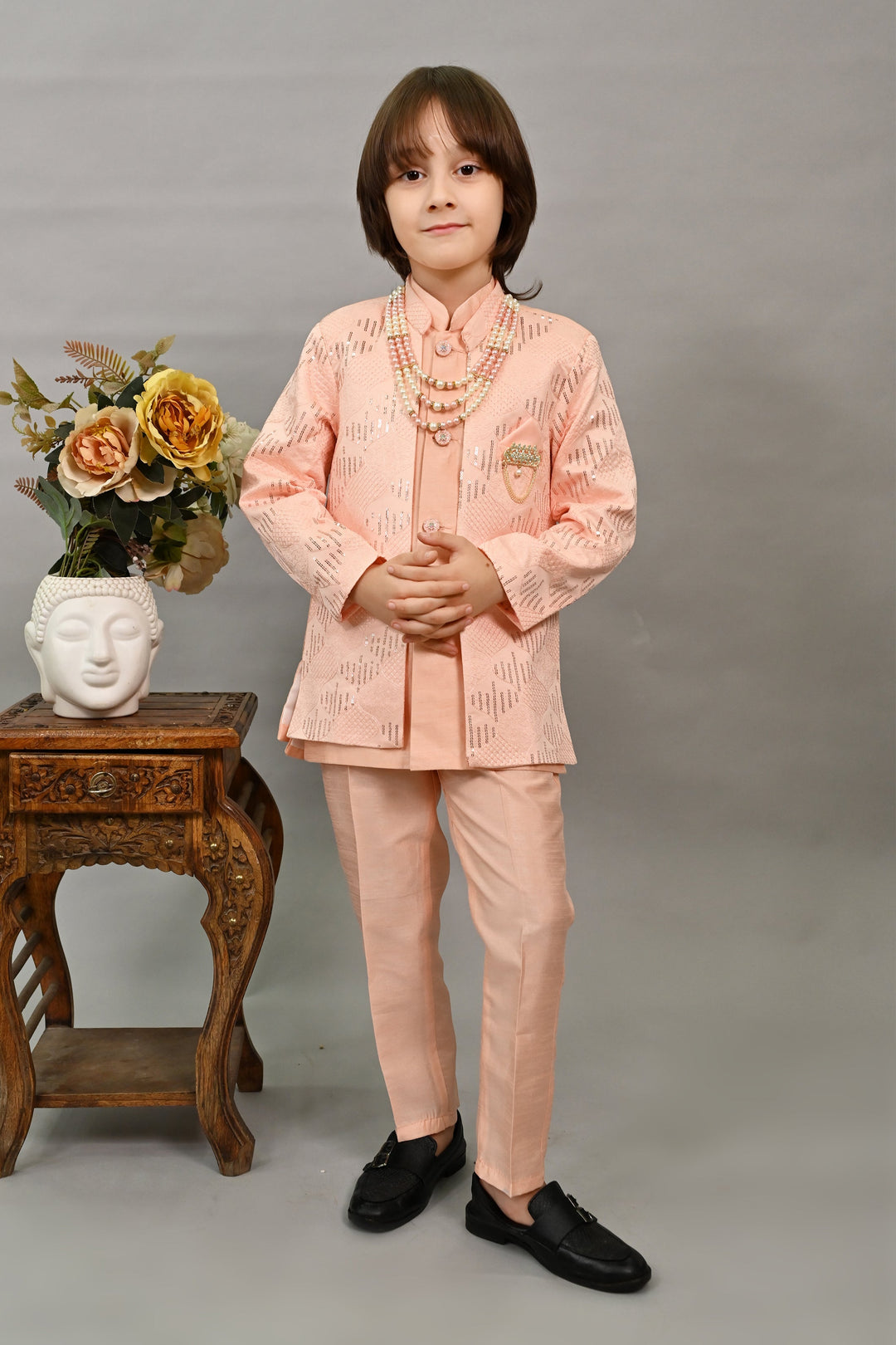 Boys Silk Sequined Embroidered Wavy Motifs Sherwani Set - Peach  | SHOBITAM