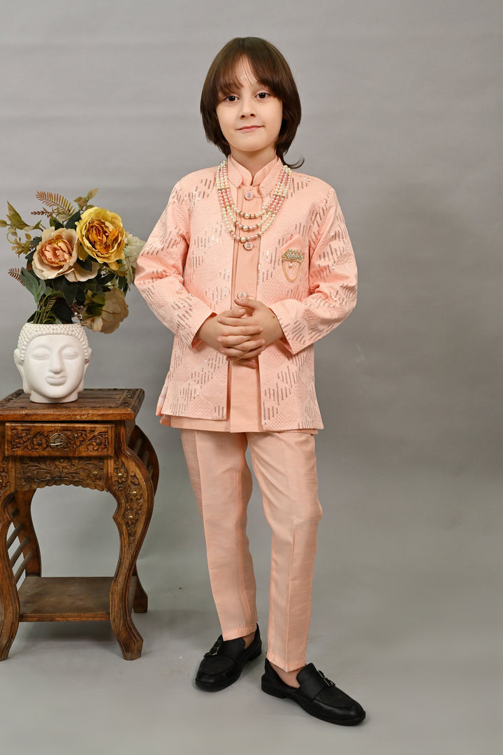 Boys Silk Sequined Embroidered Wavy Motifs Sherwani Set - Peach  | SHOBITAM