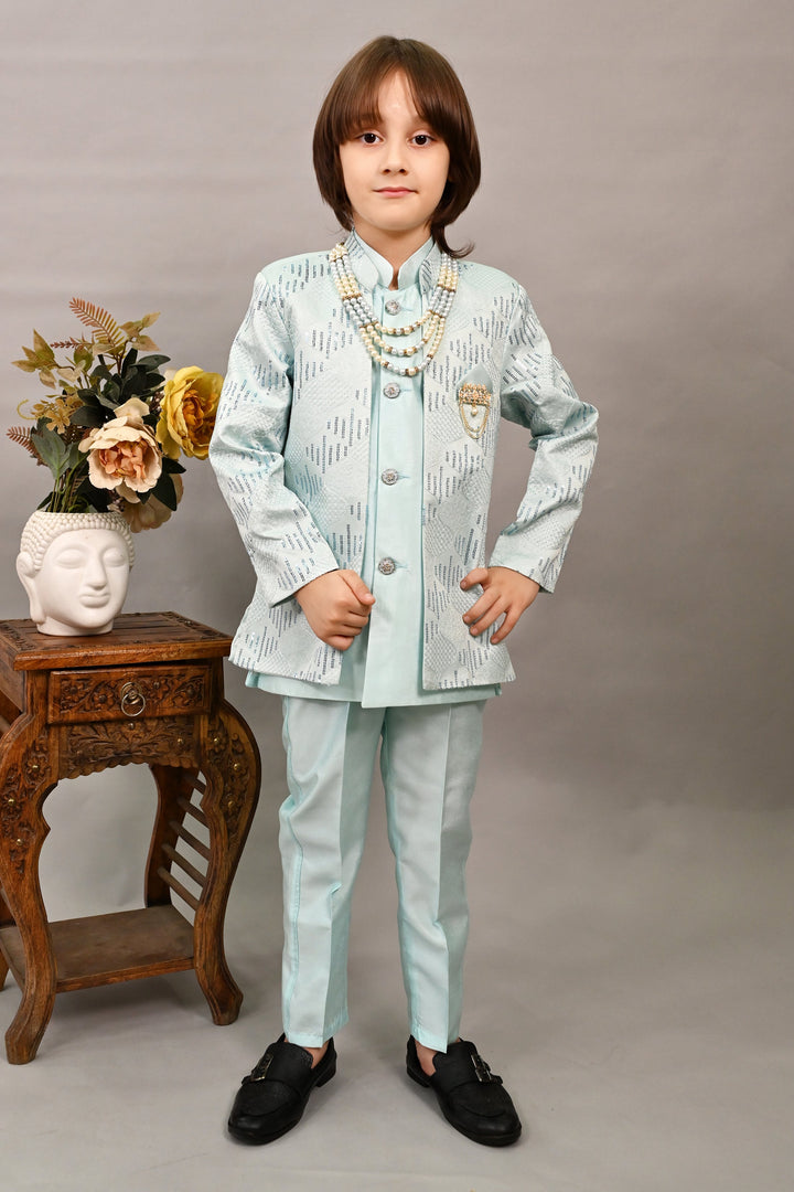 Boys Silk Sequined Embroidered Wavy Motifs Sherwani Set - Sky Blue  | SHOBITAM