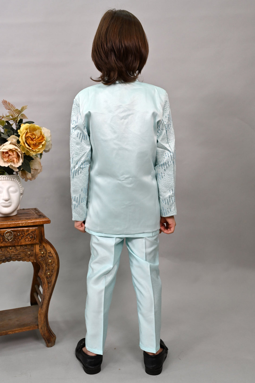 Boys Silk Sequined Embroidered Wavy Motifs Sherwani Set - Sky Blue  | SHOBITAM