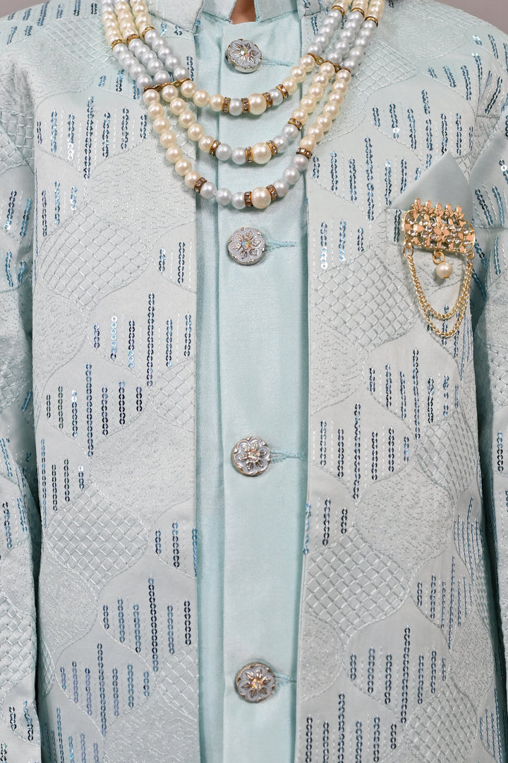 Boys Silk Sequined Embroidered Wavy Motifs Sherwani Set - Sky Blue  | SHOBITAM