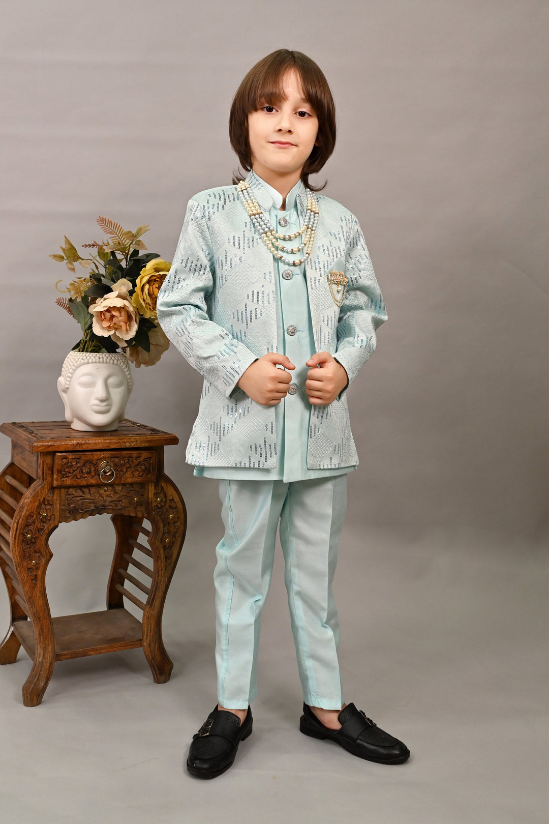 Boys Silk Sequined Embroidered Wavy Motifs Sherwani Set - Sky Blue  | SHOBITAM