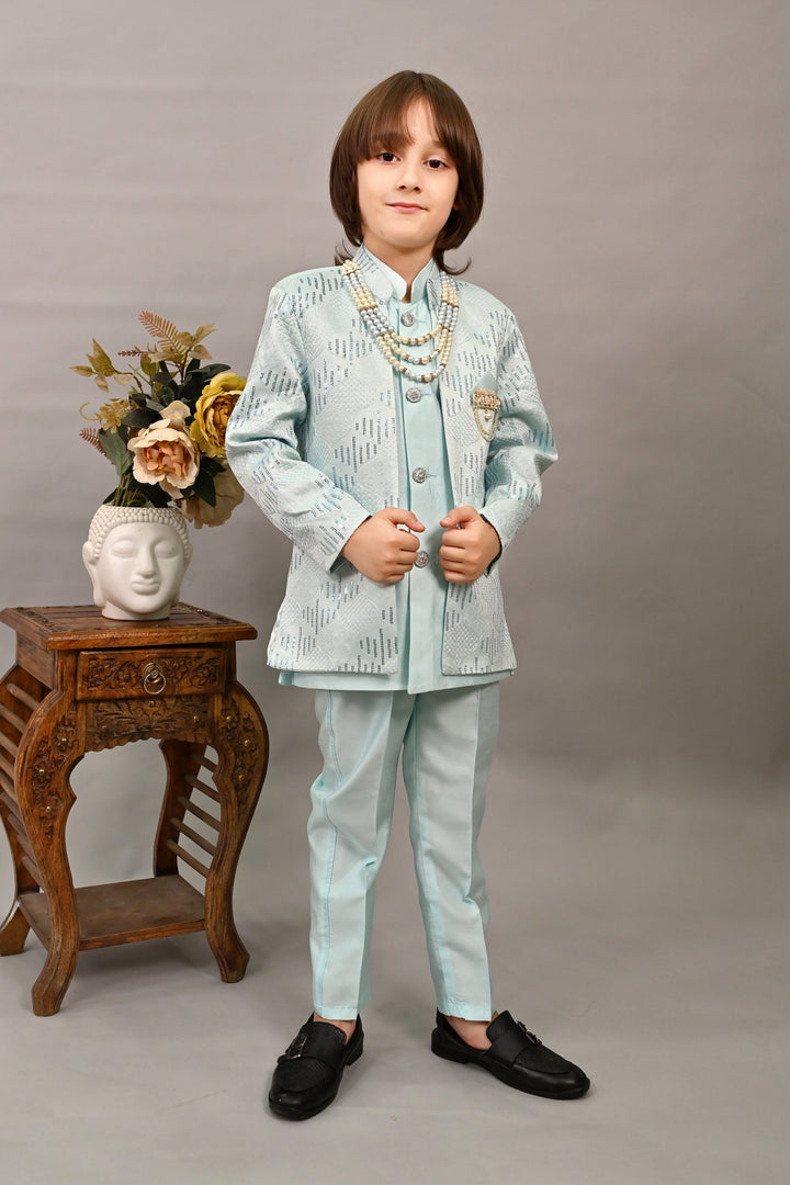 Boys Silk Sequined Embroidered Wavy Motifs Sherwani Set - Sky Blue  | SHOBITAM