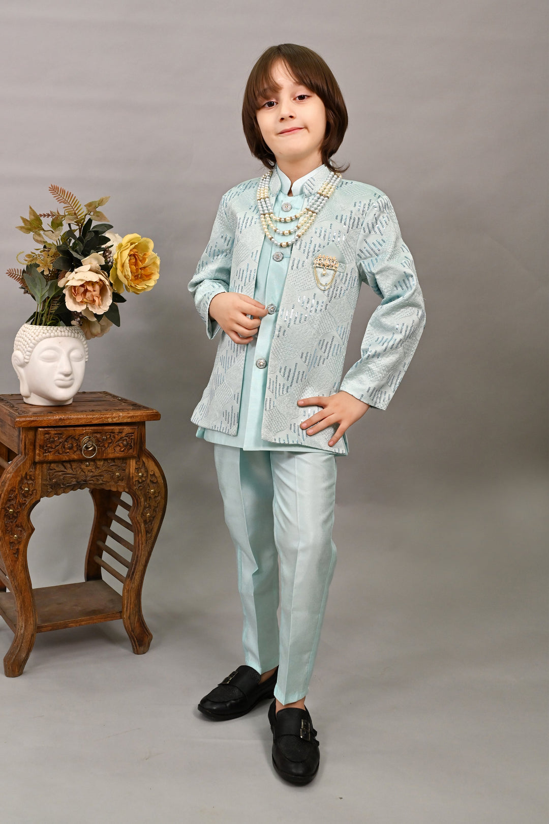 Boys Silk Sequined Embroidered Wavy Motifs Sherwani Set - Sky Blue  | SHOBITAM