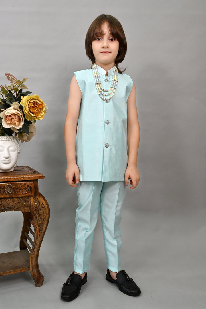 Boys Silk Sequined Embroidered Wavy Motifs Sherwani Set - Sky Blue  | SHOBITAM