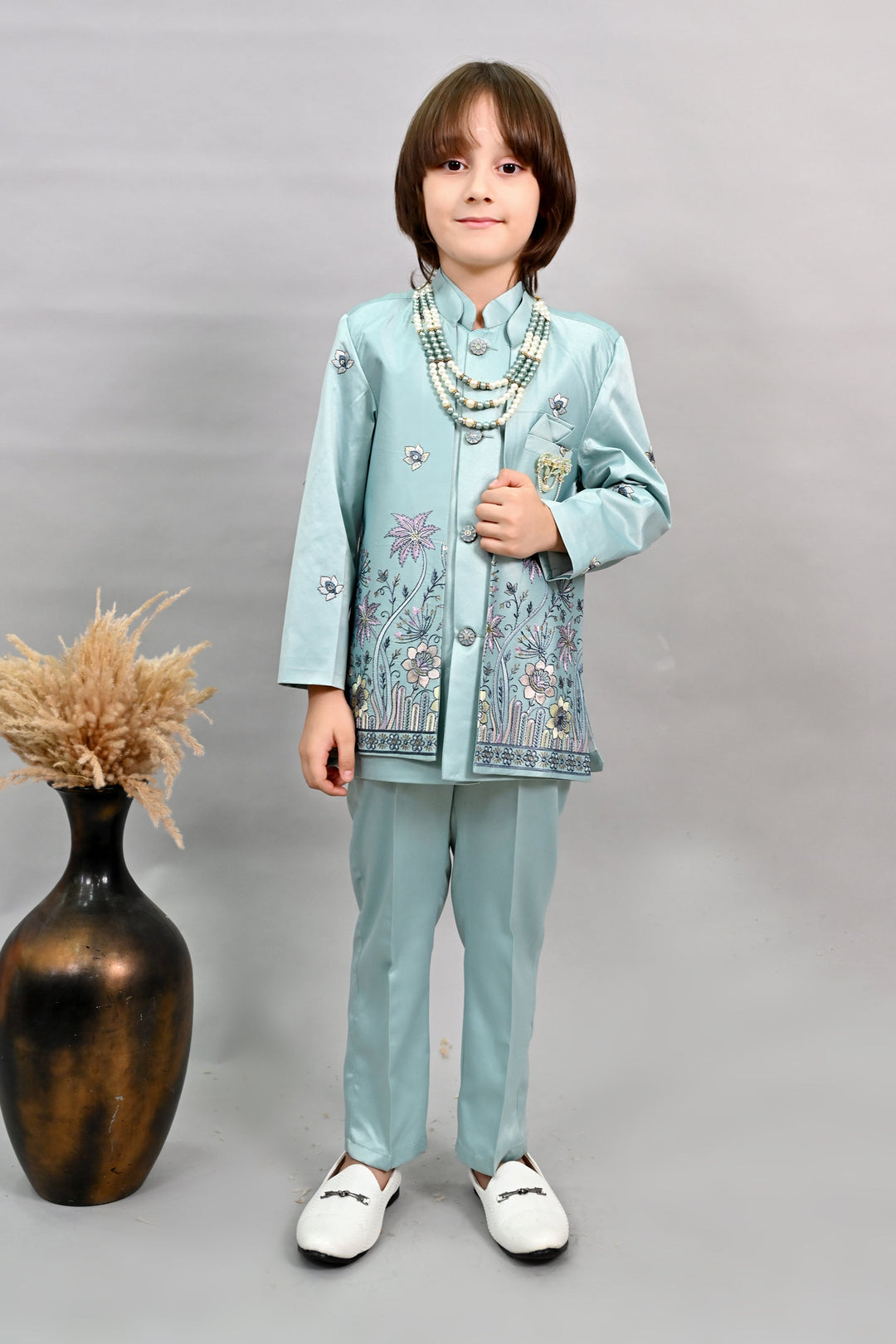 Boys Satin Floral Embroidered Sherwani Set - Teal Blue | SHOBITAM