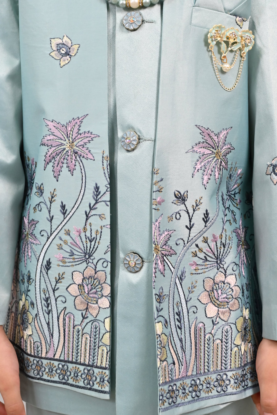 Boys Satin Floral Embroidered Sherwani Set - Teal Blue | SHOBITAM