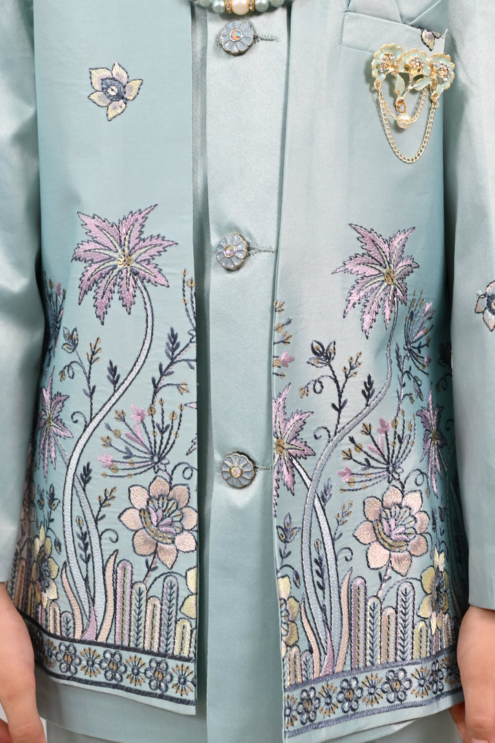 Boys Satin Floral Embroidered Sherwani Set - Teal Blue | SHOBITAM