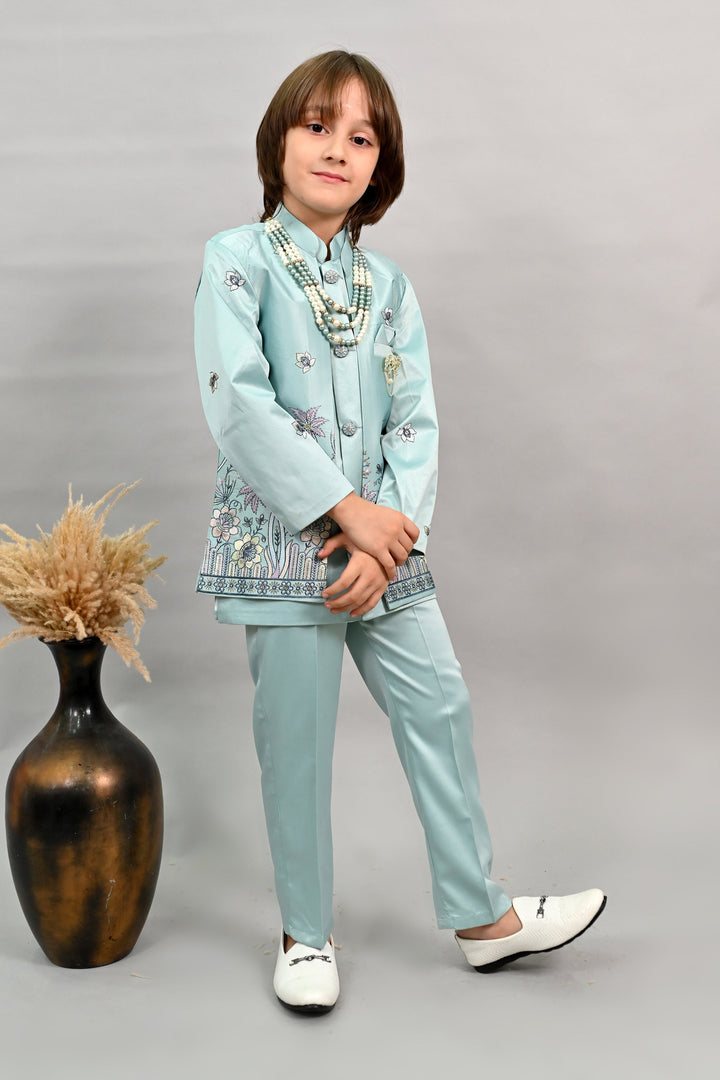 Boys Satin Floral Embroidered Sherwani Set - Teal Blue | SHOBITAM