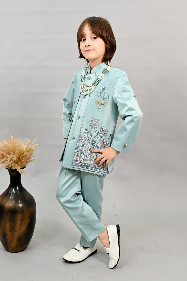 Boys Satin Floral Embroidered Sherwani Set - Teal Blue | SHOBITAM