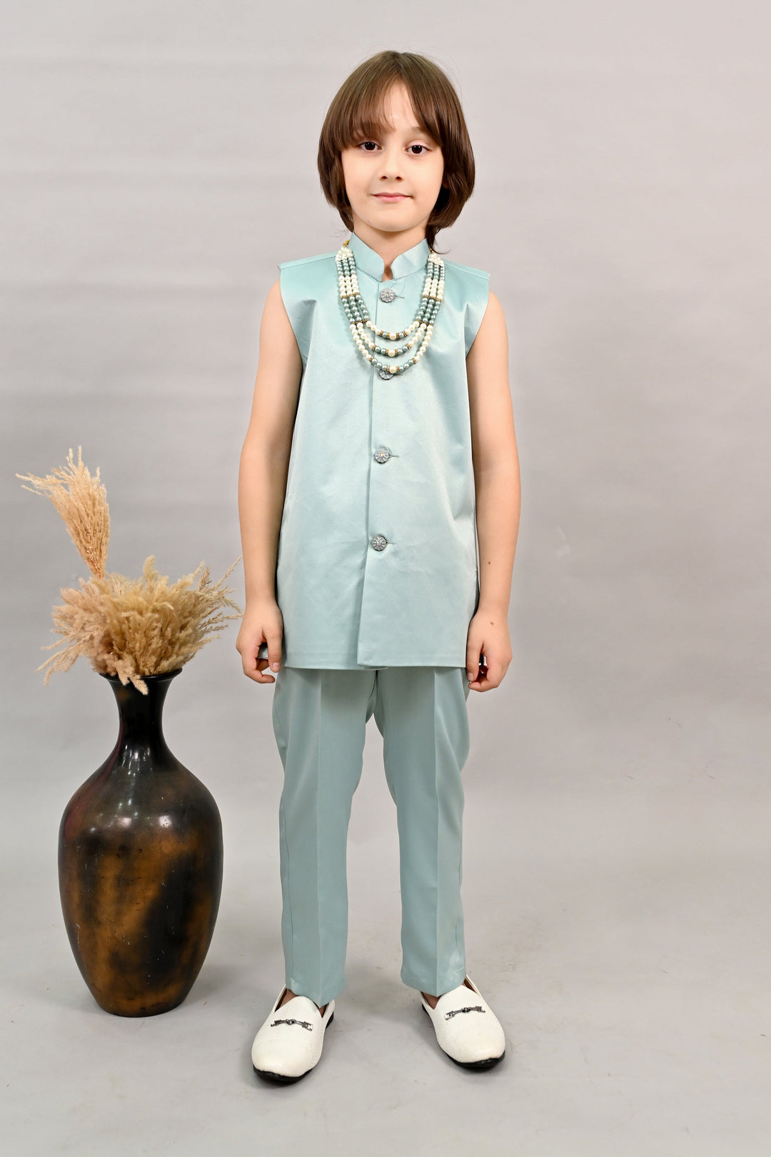 Boys Satin Floral Embroidered Sherwani Set - Teal Blue | SHOBITAM