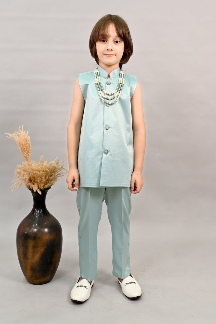 Boys Satin Floral Embroidered Sherwani Set - Teal Blue | SHOBITAM