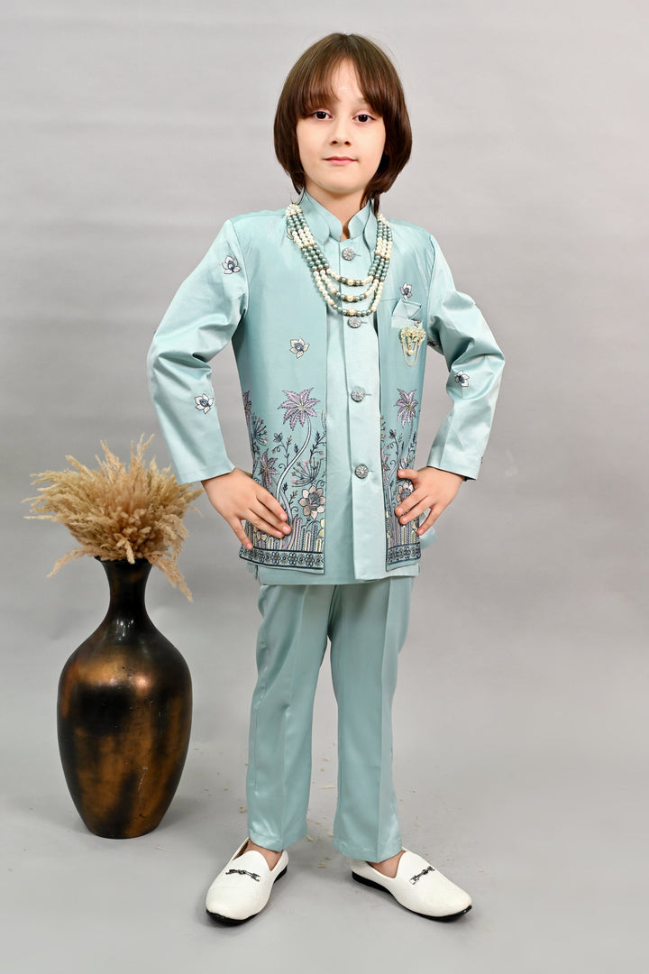 Boys Satin Floral Embroidered Sherwani Set - Teal Blue | SHOBITAM