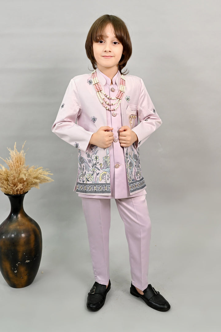 Boys Satin Peacock Floral Embroidered Sherwani Set - Lilac | SHOBITAM