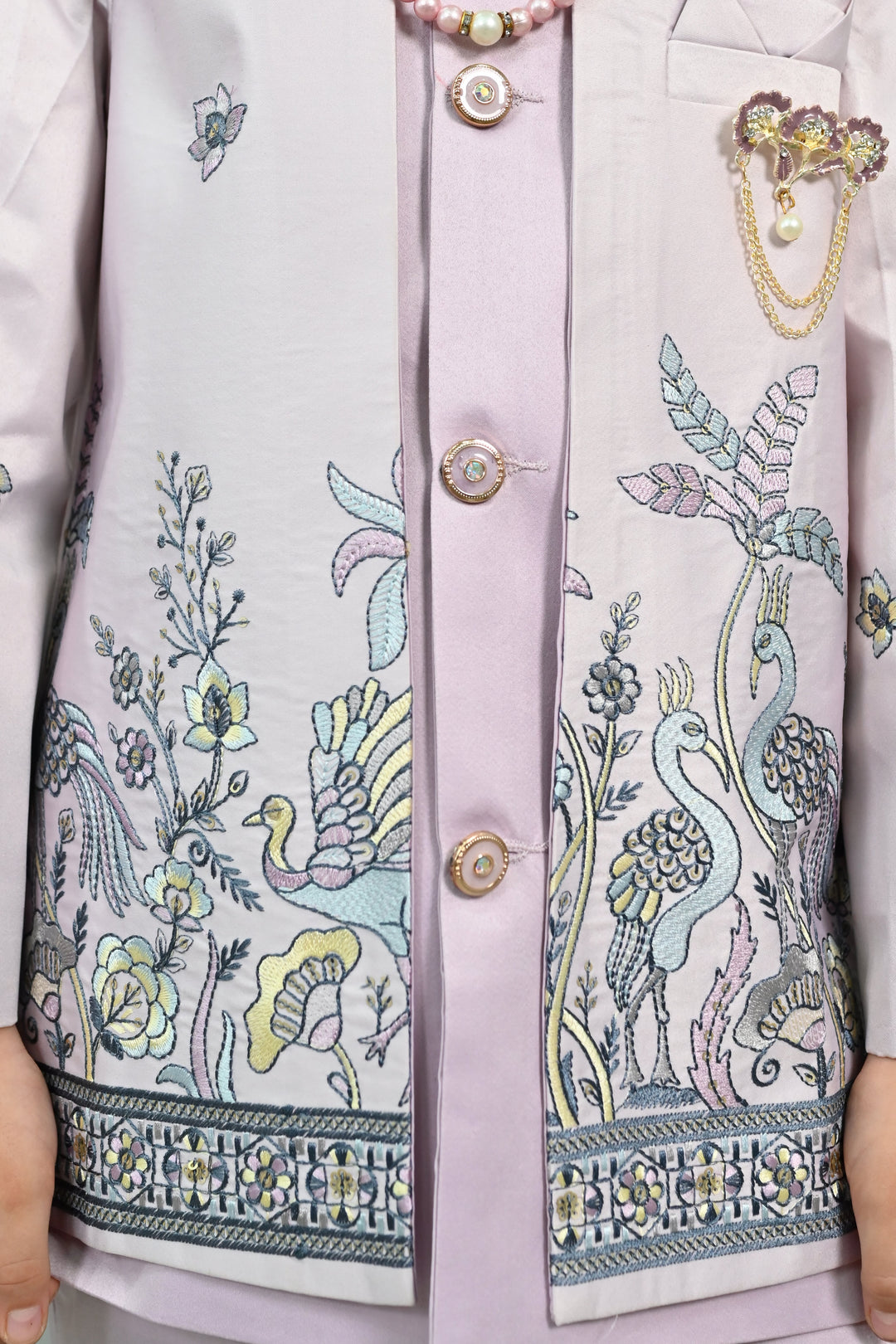 Boys Satin Peacock Floral Embroidered Sherwani Set - Lilac | SHOBITAM