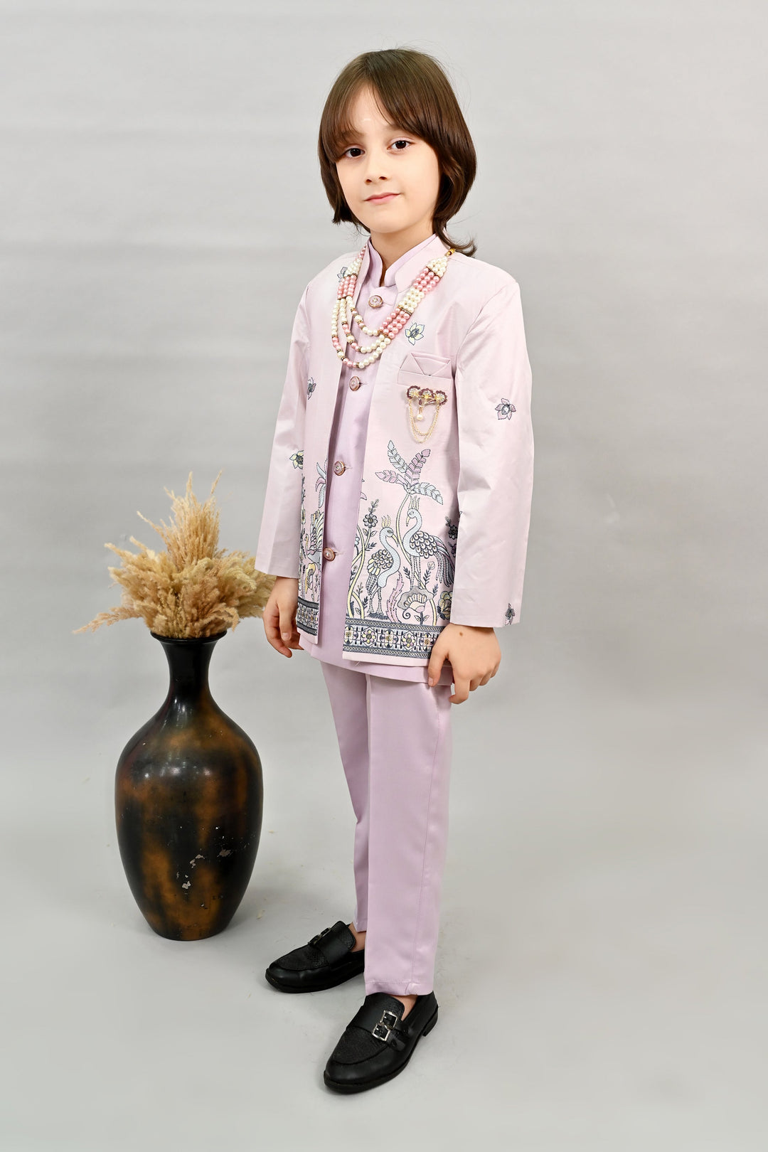 Boys Satin Peacock Floral Embroidered Sherwani Set - Lilac | SHOBITAM