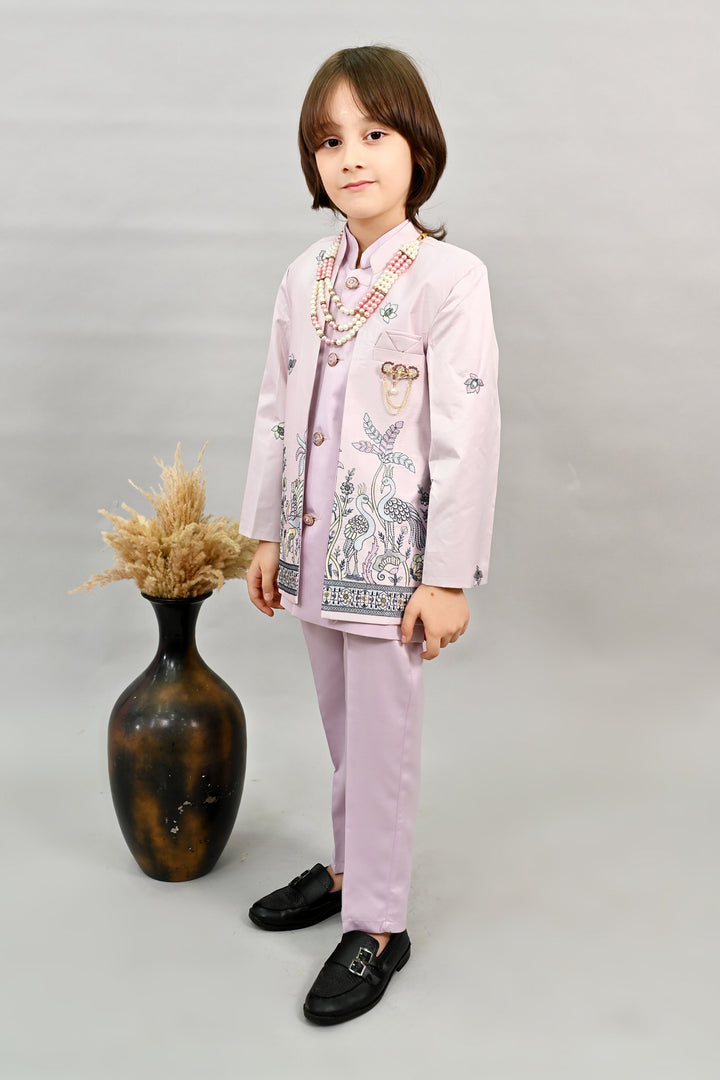 Boys Satin Peacock Floral Embroidered Sherwani Set - Lilac | SHOBITAM