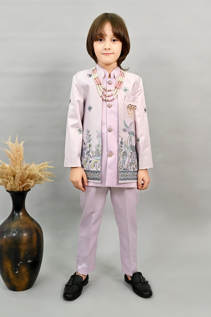Boys Satin Peacock Floral Embroidered Sherwani Set - Lilac | SHOBITAM