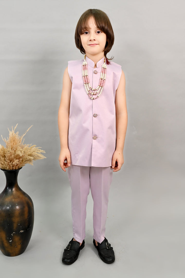 Boys Satin Peacock Floral Embroidered Sherwani Set - Lilac | SHOBITAM