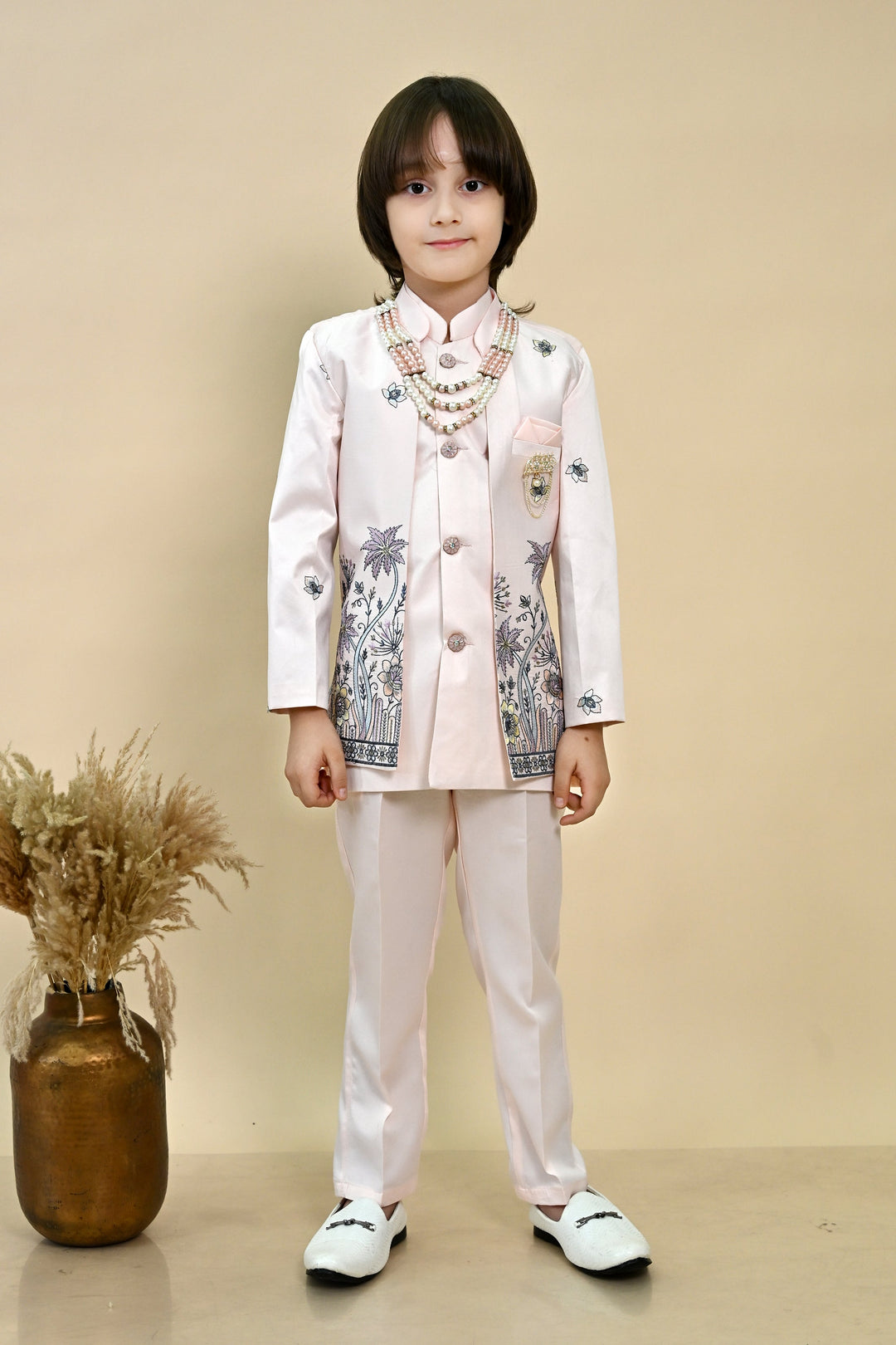 Boys Satin Floral Embroidered Sherwani Set - Soft Pink | SHOBITAM