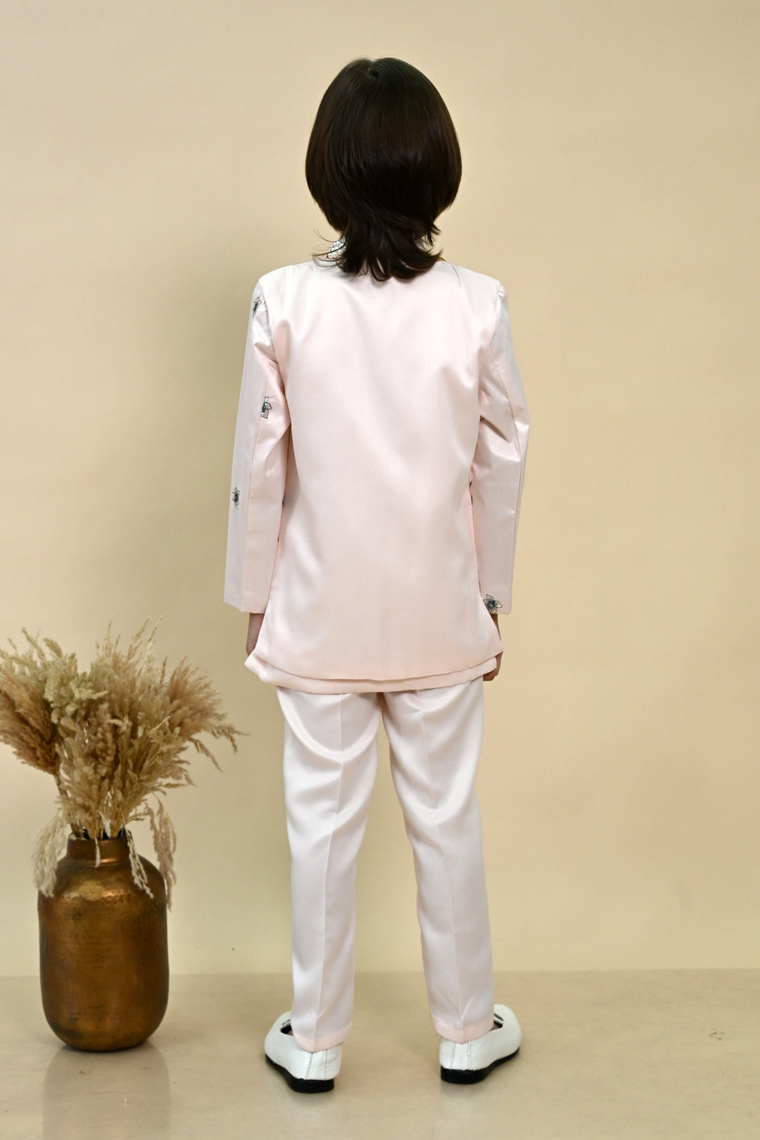 Boys Satin Floral Embroidered Sherwani Set - Soft Pink | SHOBITAM