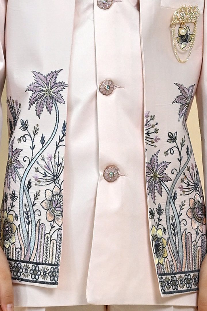 Boys Satin Floral Embroidered Sherwani Set - Soft Pink | SHOBITAM