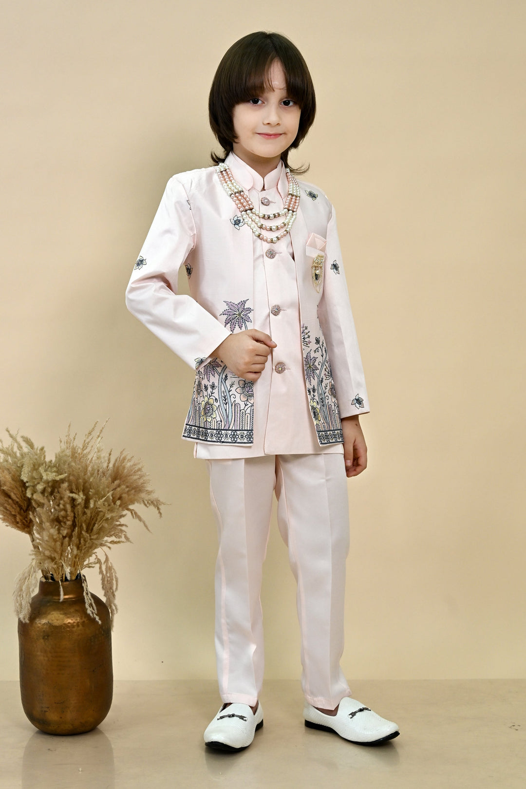 Boys Satin Floral Embroidered Sherwani Set - Soft Pink | SHOBITAM