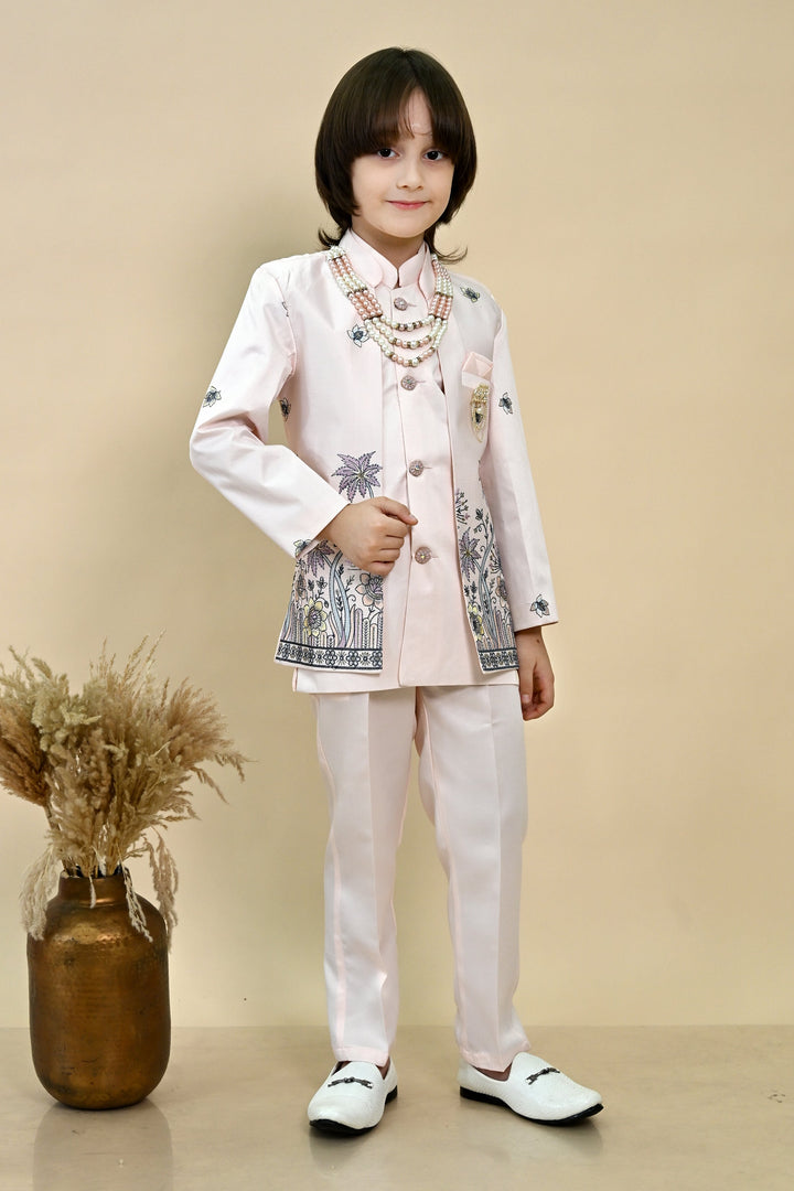 Boys Satin Floral Embroidered Sherwani Set - Soft Pink | SHOBITAM