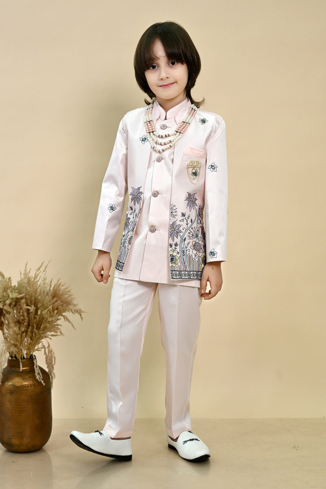 Boys Satin Floral Embroidered Sherwani Set - Soft Pink | SHOBITAM