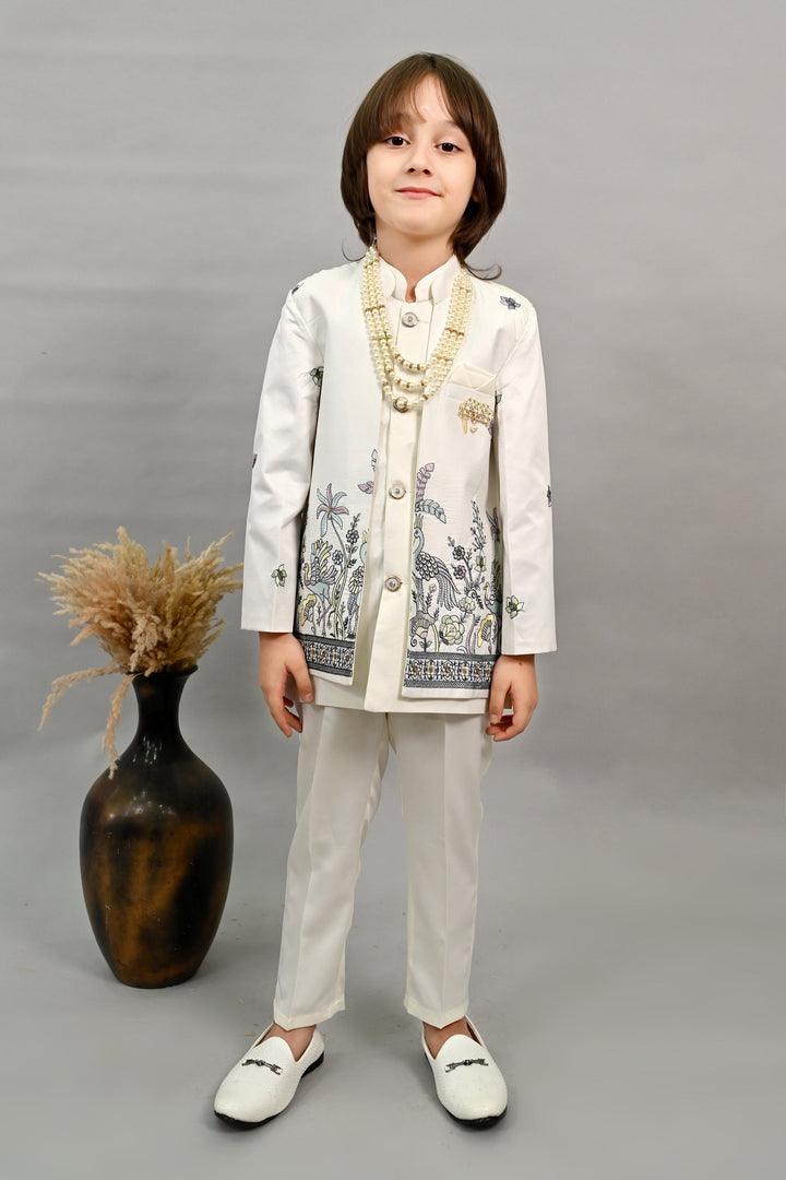 Boys Satin Peacock Floral Embroidered Sherwani Set - Offwhite  | SHOBITAM
