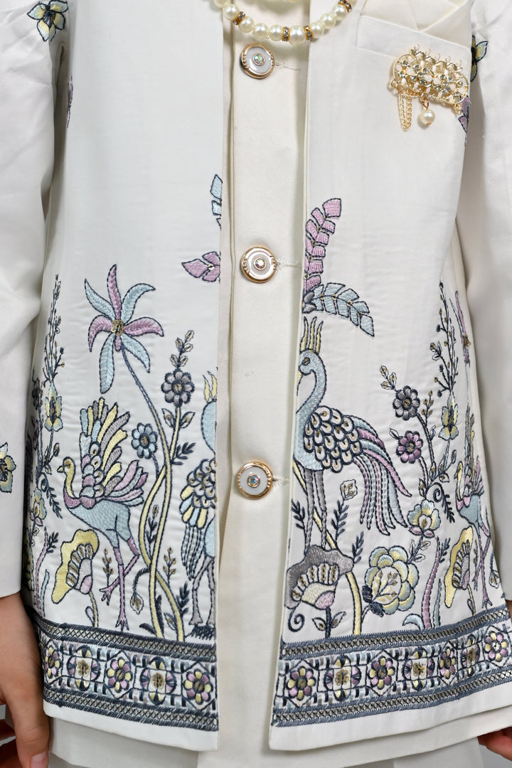 Boys Satin Peacock Floral Embroidered Sherwani Set - Offwhite  | SHOBITAM