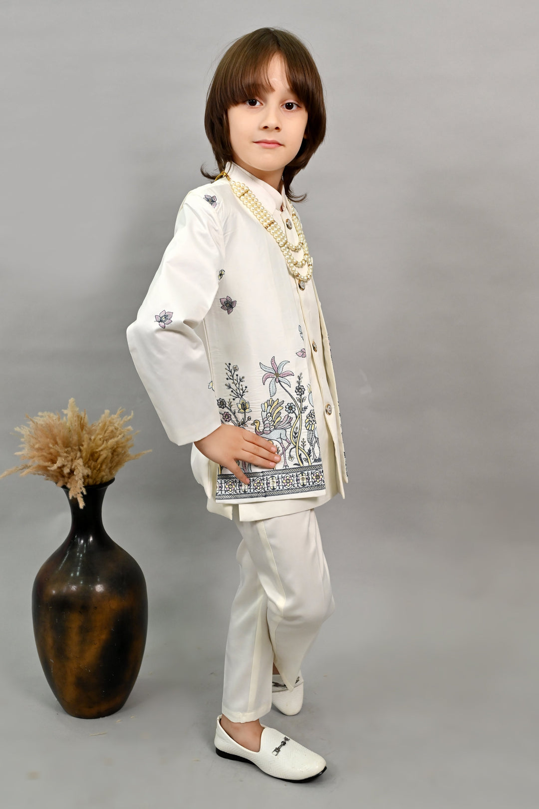 Boys Satin Peacock Floral Embroidered Sherwani Set - Offwhite  | SHOBITAM