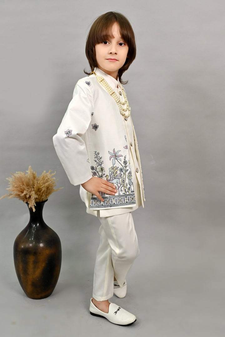 Boys Satin Peacock Floral Embroidered Sherwani Set - Offwhite  | SHOBITAM