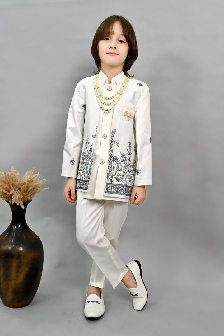 Boys Satin Peacock Floral Embroidered Sherwani Set - Offwhite  | SHOBITAM