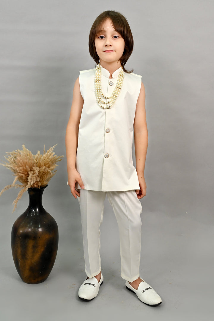 Boys Satin Peacock Floral Embroidered Sherwani Set - Offwhite  | SHOBITAM