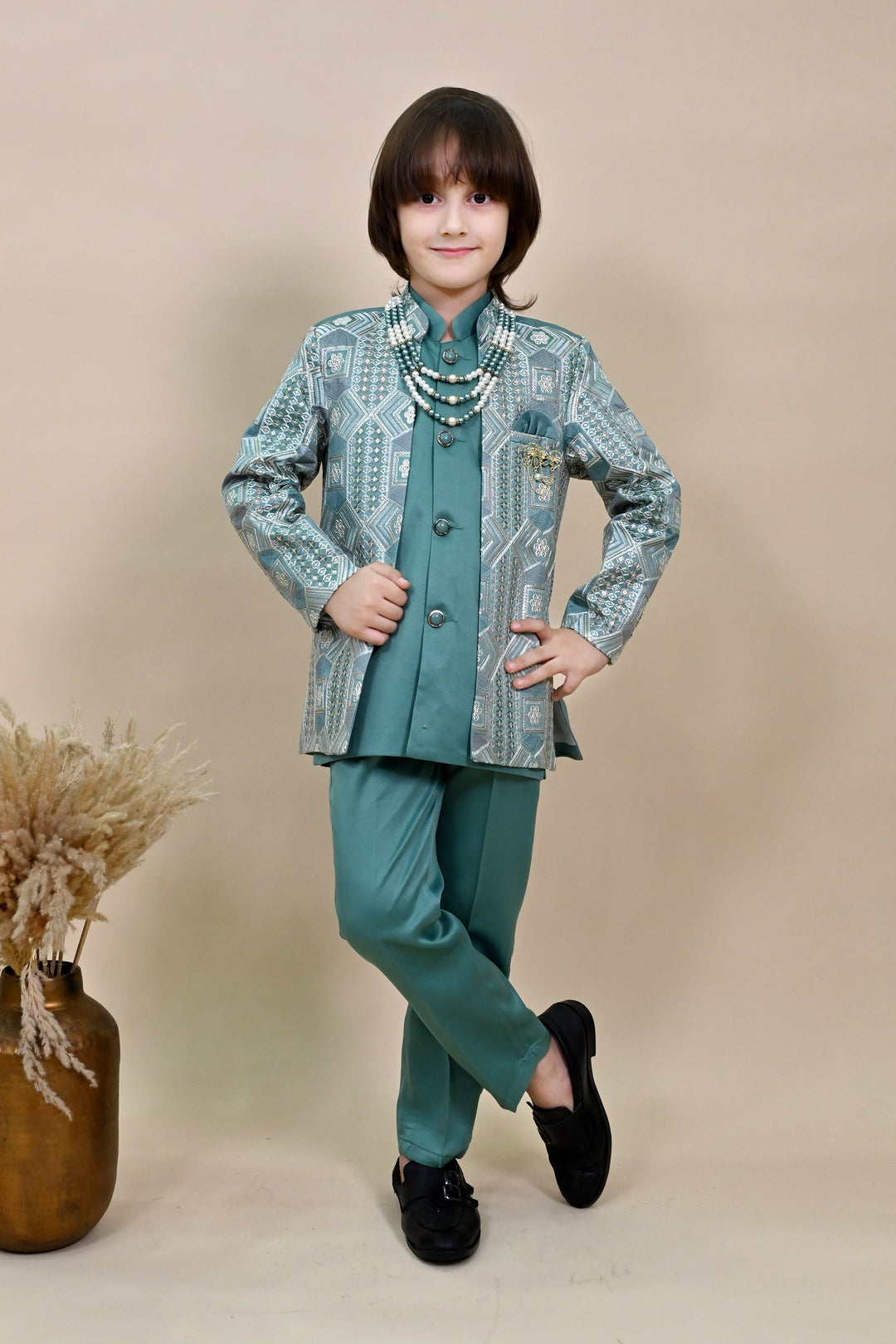 Boys Satin Sequined Embroidered Sherwani Set - Sea Green | SHOBITAM