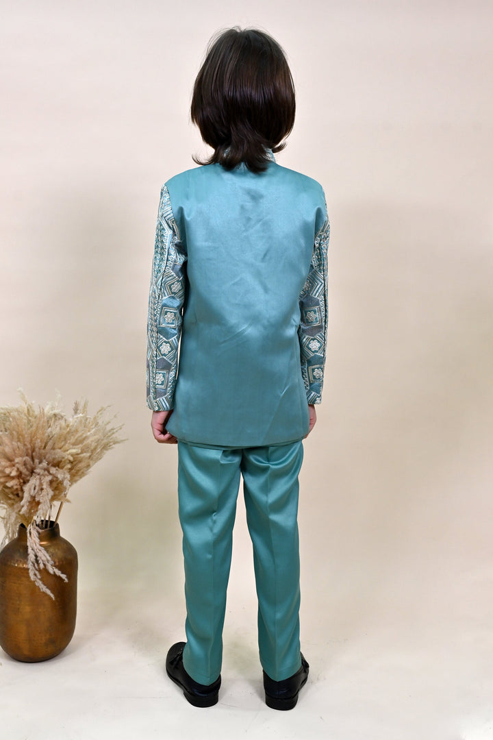 Boys Satin Sequined Embroidered Sherwani Set - Sea Green | SHOBITAM