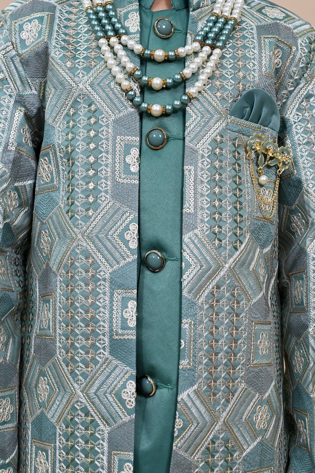 Boys Satin Sequined Embroidered Sherwani Set - Sea Green | SHOBITAM