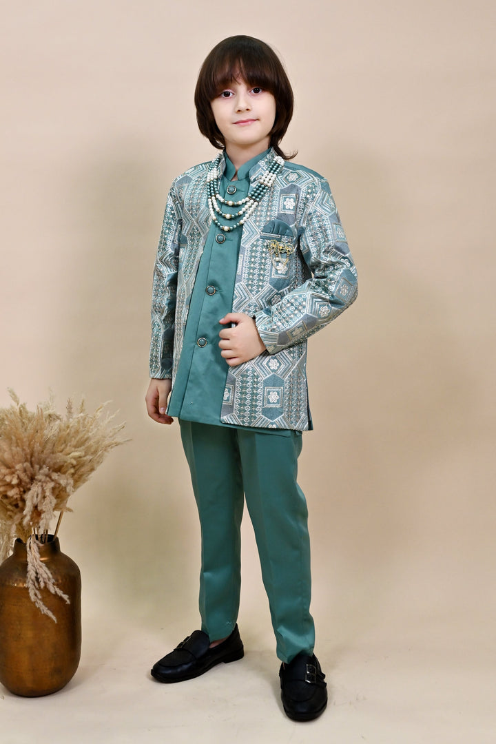 Boys Satin Sequined Embroidered Sherwani Set - Sea Green | SHOBITAM