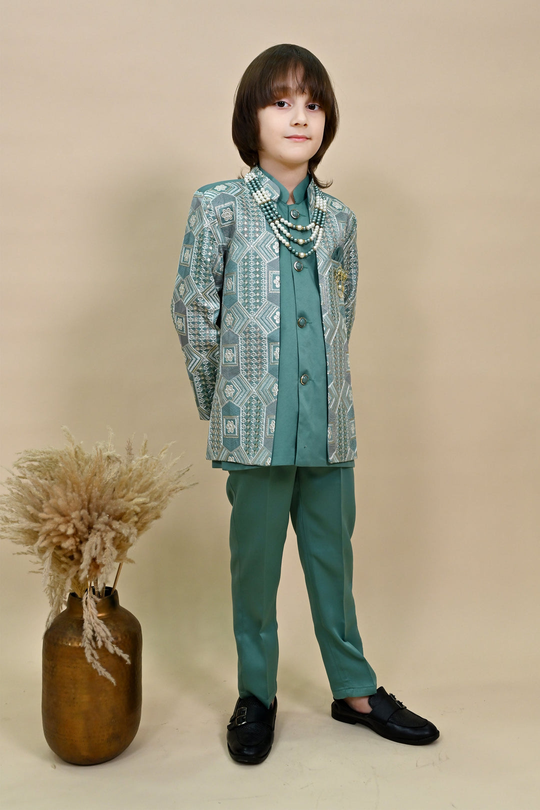 Boys Satin Sequined Embroidered Sherwani Set - Sea Green | SHOBITAM