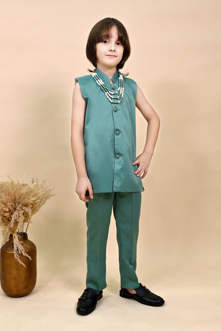 Boys Satin Sequined Embroidered Sherwani Set - Sea Green | SHOBITAM