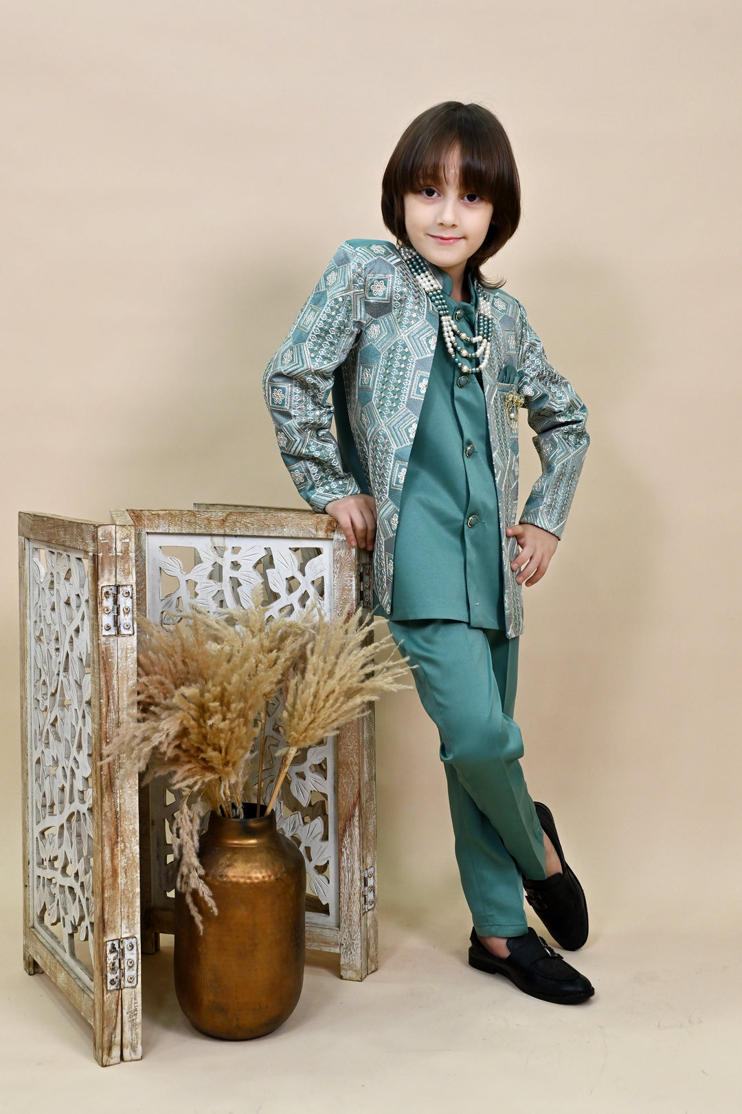 Boys Satin Sequined Embroidered Sherwani Set - Sea Green | SHOBITAM