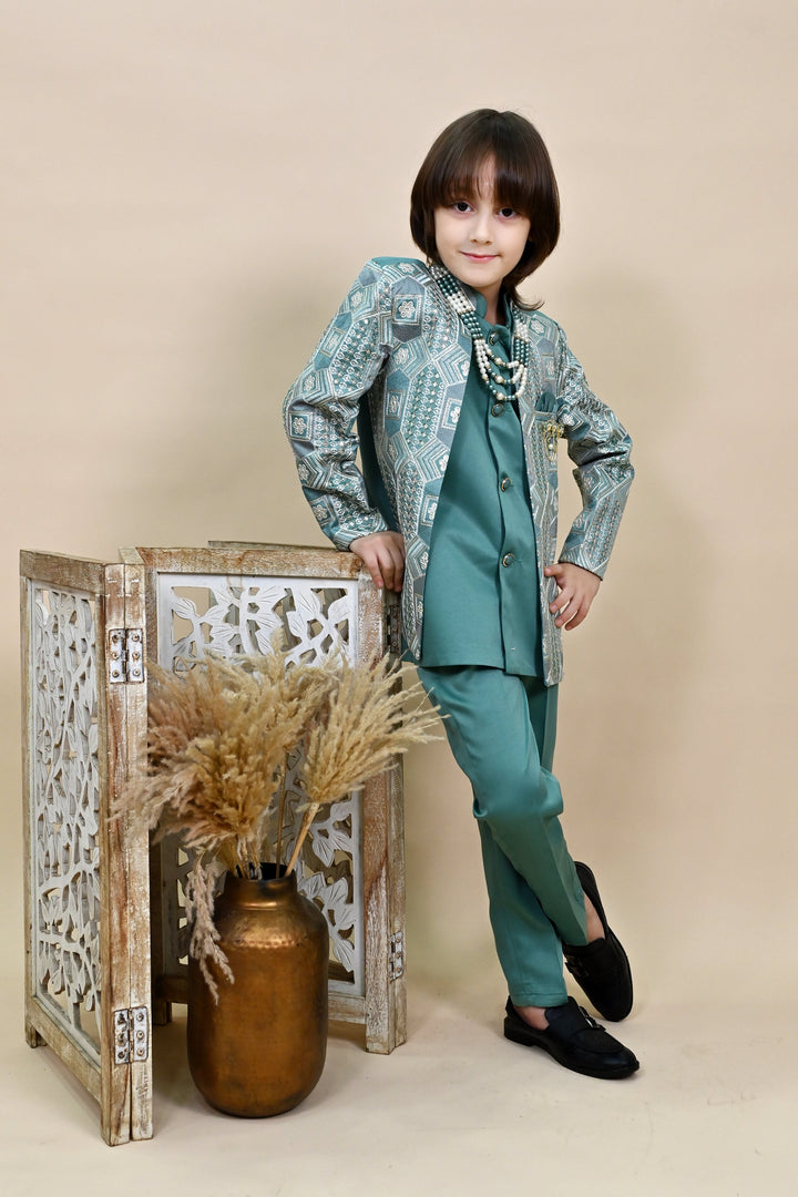 Boys Satin Sequined Embroidered Sherwani Set - Sea Green | SHOBITAM