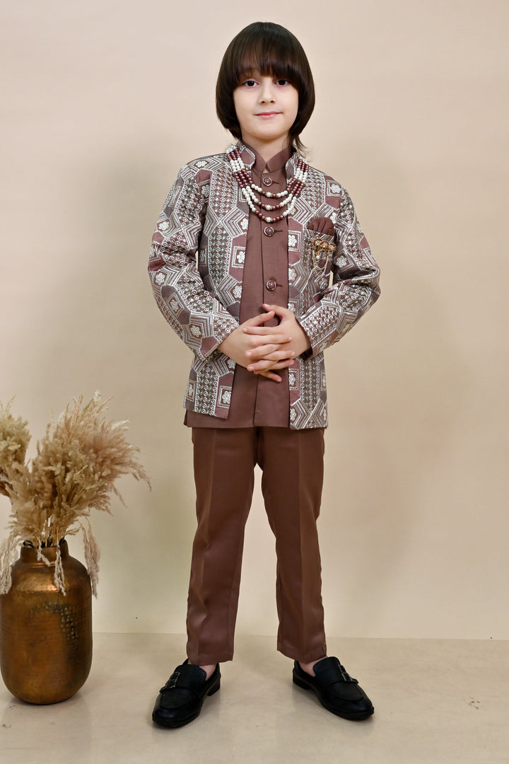Boys Satin Sequined Embroidered Sherwani Set - Coffee Brown |SHOBITAM