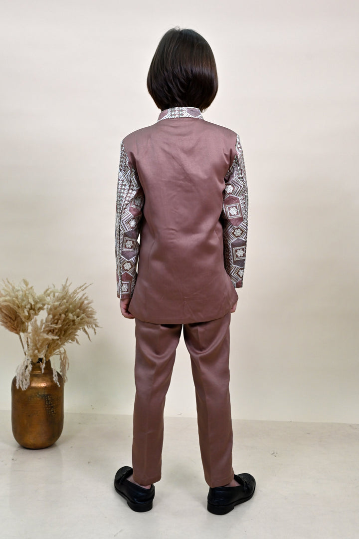 Boys Satin Sequined Embroidered Sherwani Set - Coffee Brown |SHOBITAM