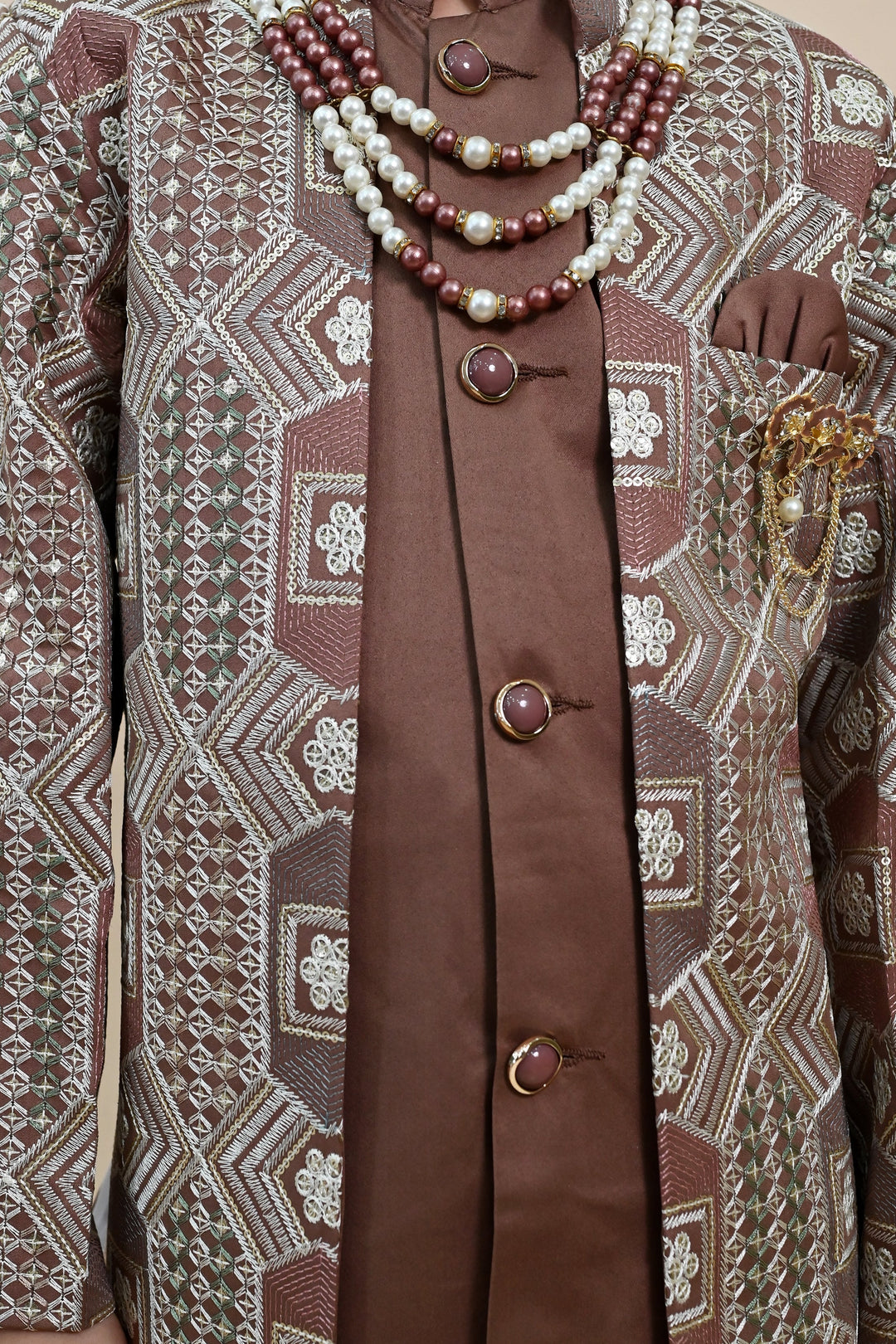 Boys Satin Sequined Embroidered Sherwani Set - Coffee Brown |SHOBITAM