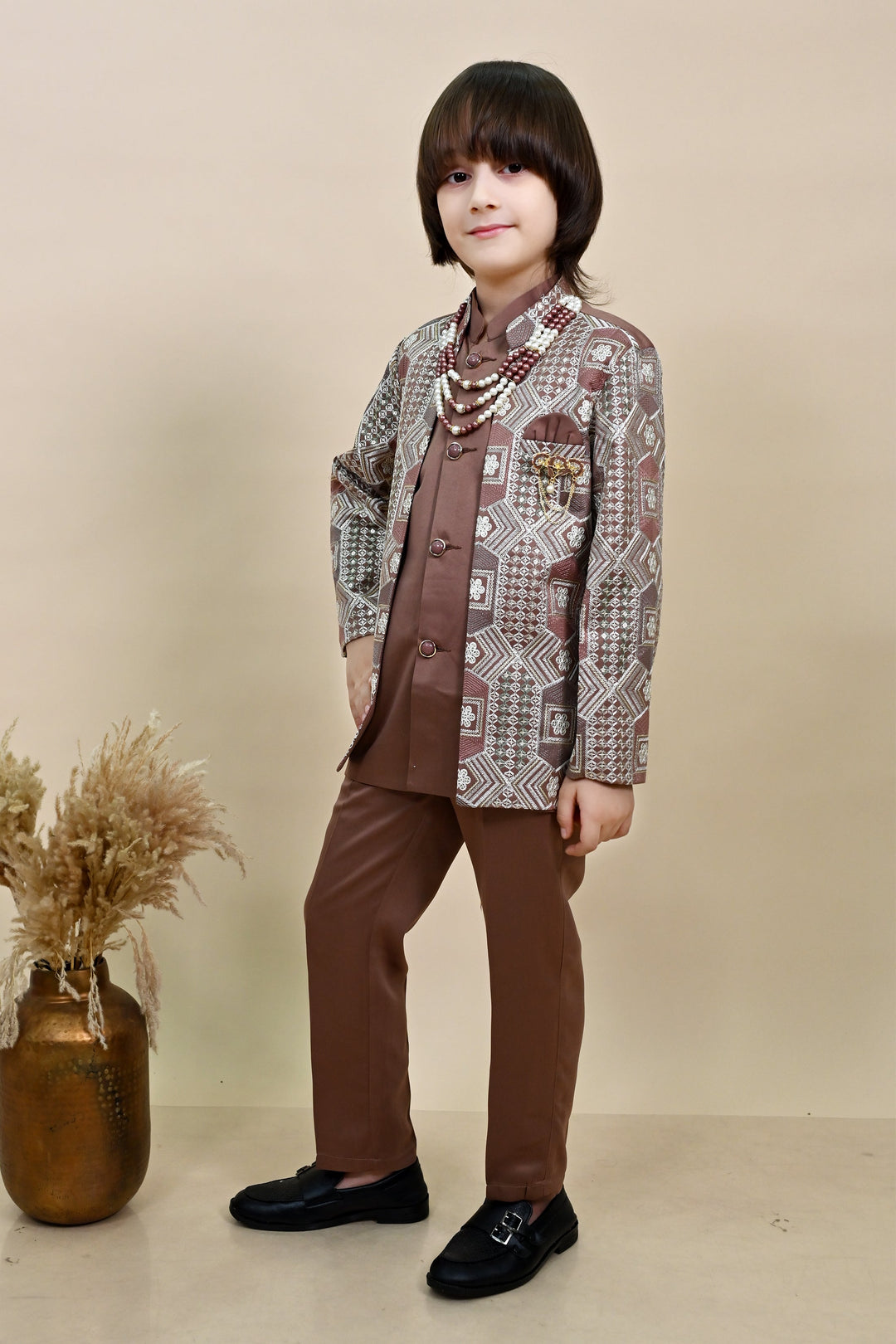 Boys Satin Sequined Embroidered Sherwani Set - Coffee Brown |SHOBITAM